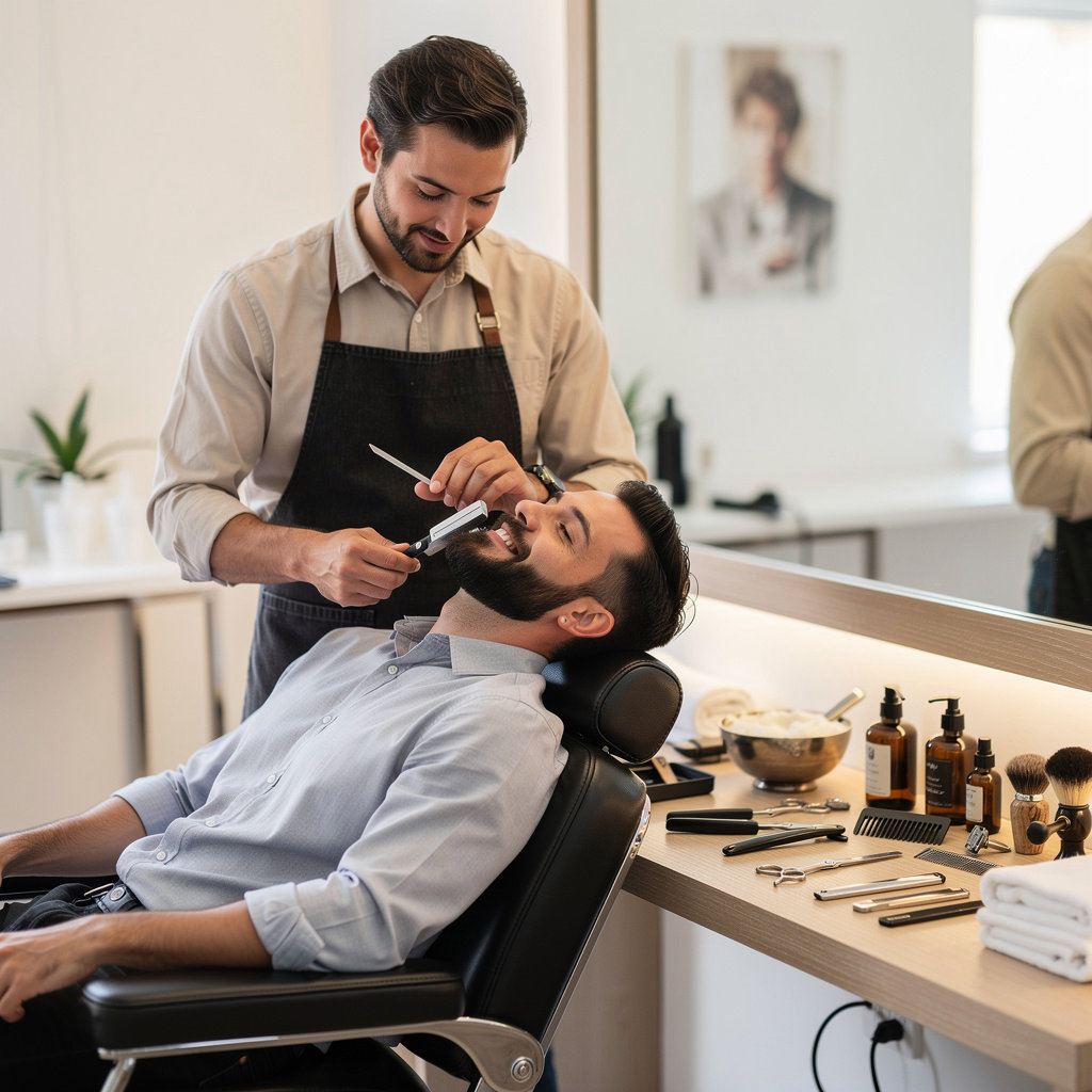 Santa Barbara Barbers expert barber performing a traditional straight razor shave and beard trim service